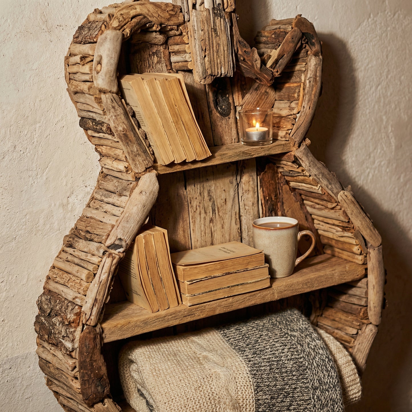 Rustic Driftwood Guitar Bookshelf