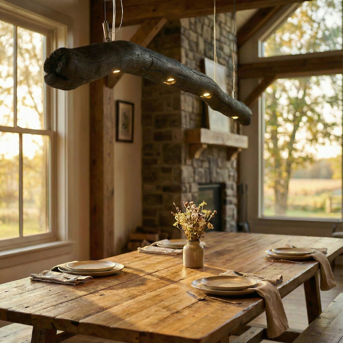 Driftwood Yakisugi Style Lamp | Rustic Wooden Chandelier