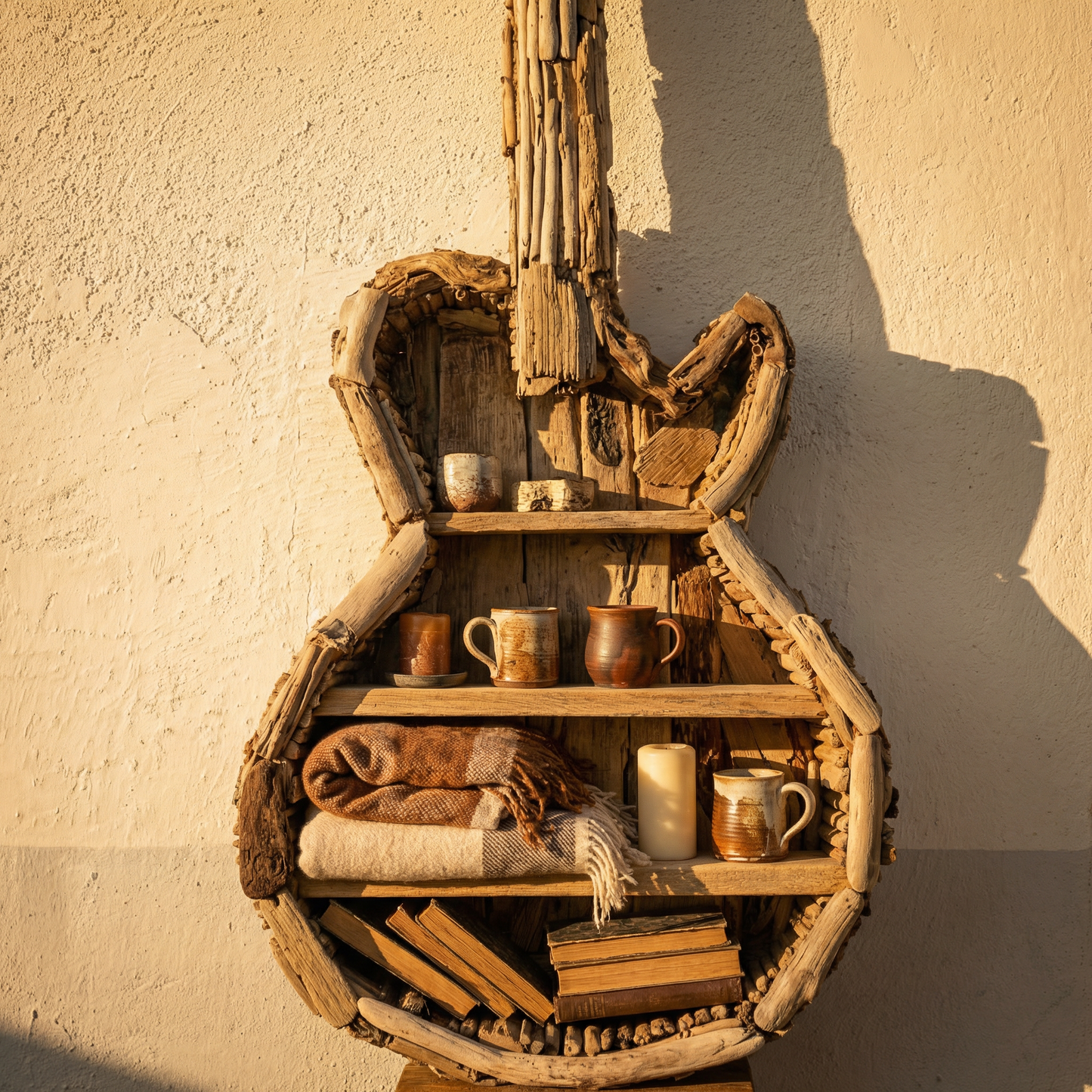 Rustic Driftwood Guitar Bookshelf