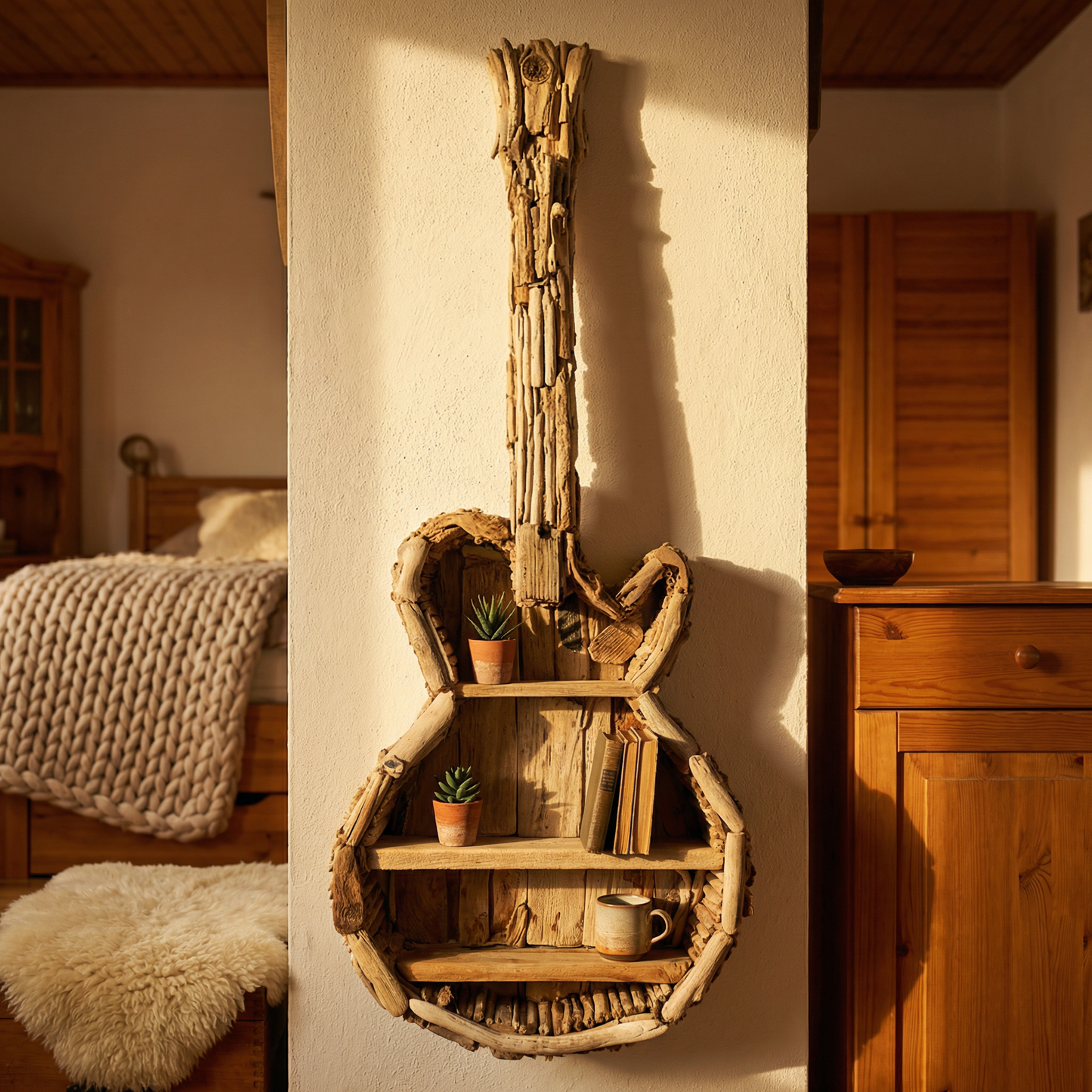 Rustic Driftwood Guitar Bookshelf