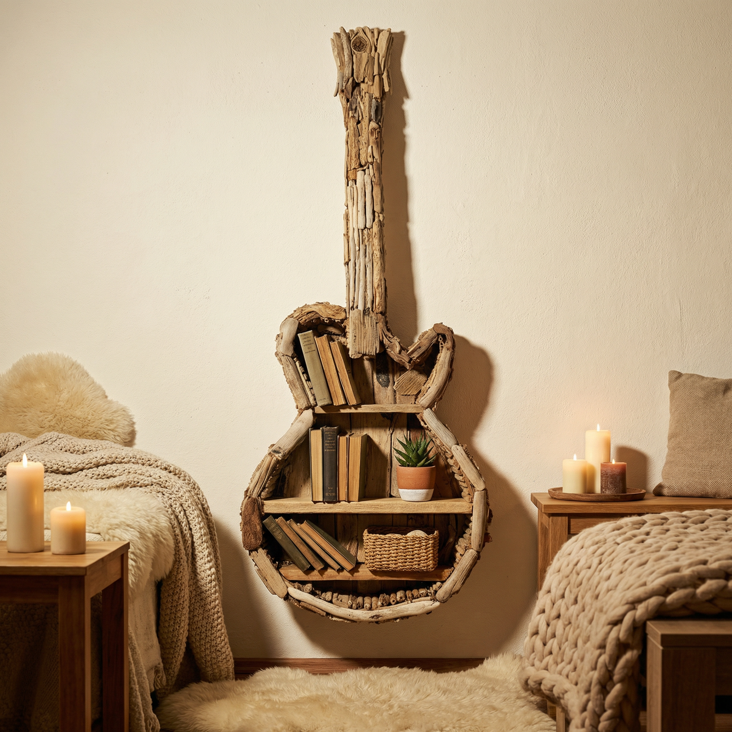 Rustic Driftwood Guitar Bookshelf