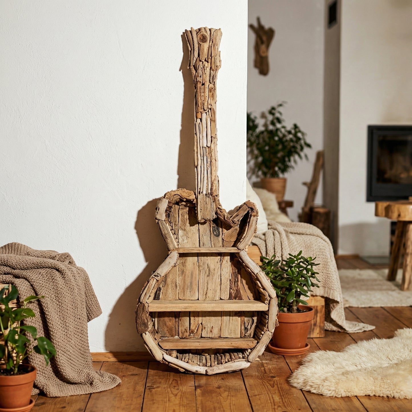 Rustic Driftwood Guitar Bookshelf