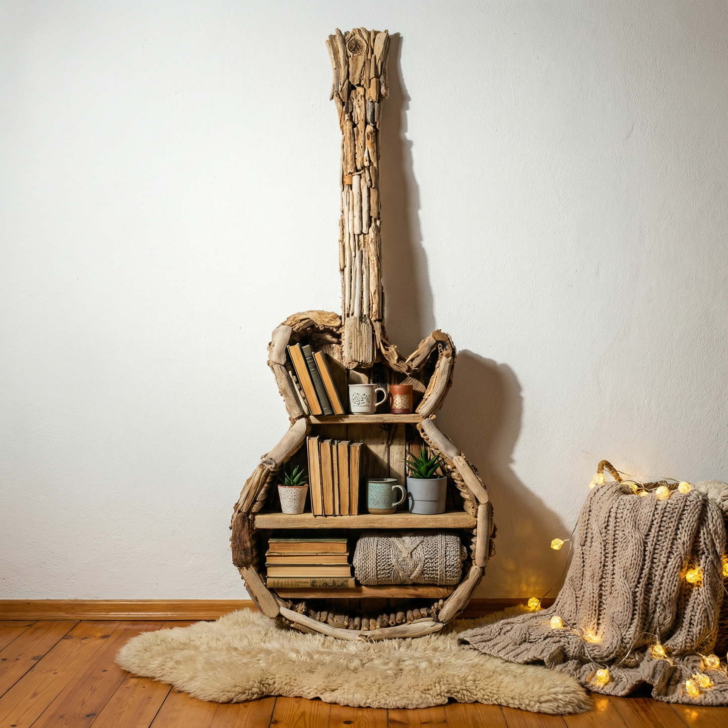 Rustic Driftwood Guitar Bookshelf