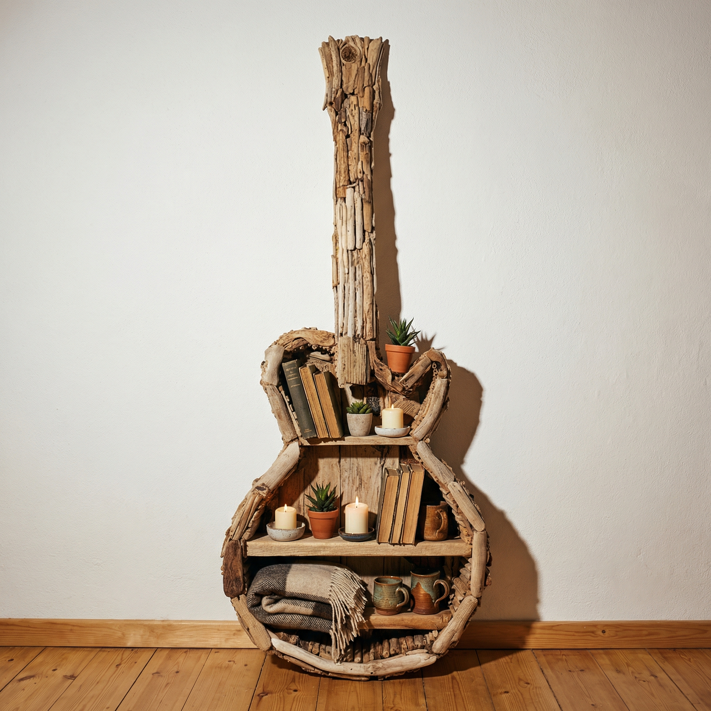 Rustic Driftwood Guitar Bookshelf