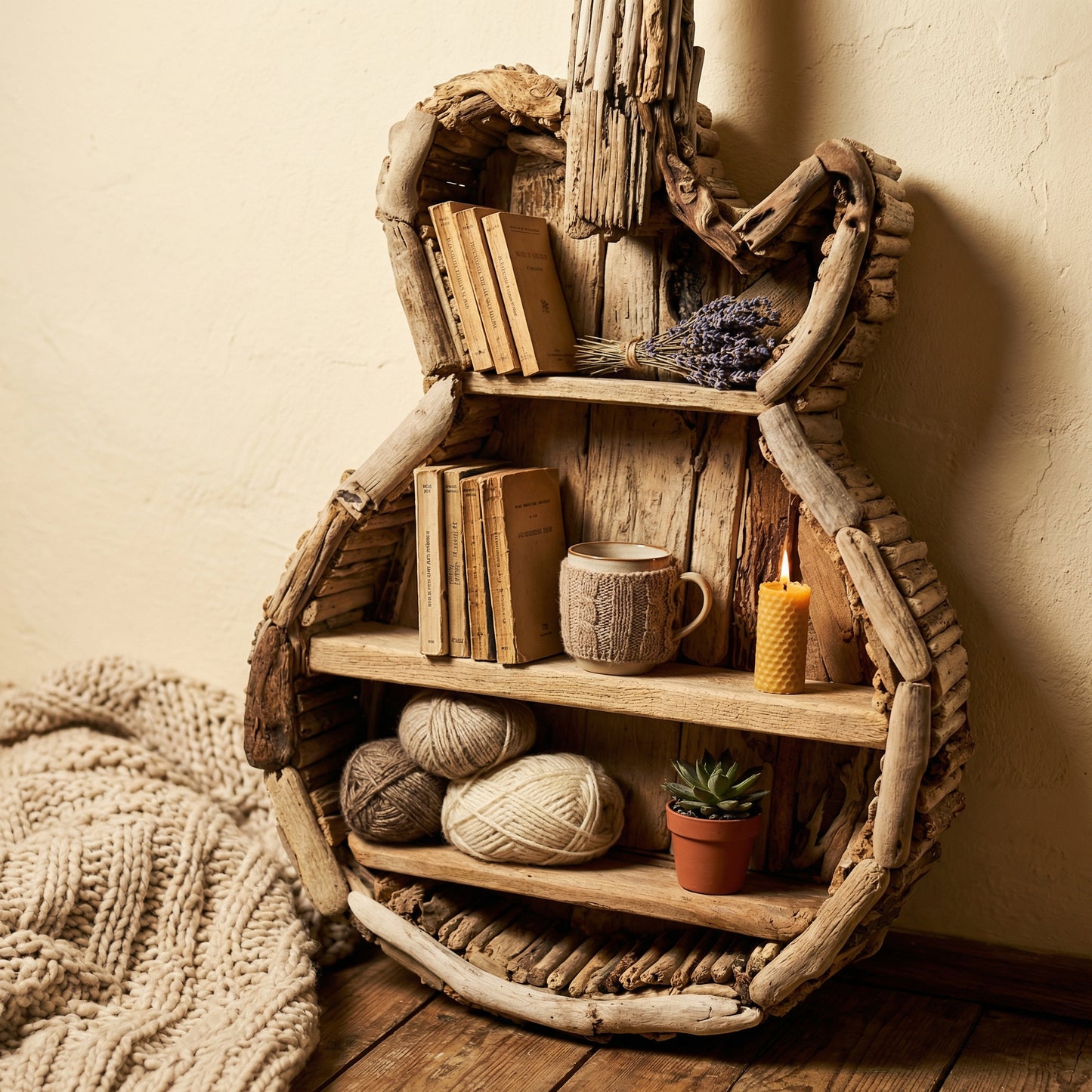 Rustic Driftwood Guitar Bookshelf