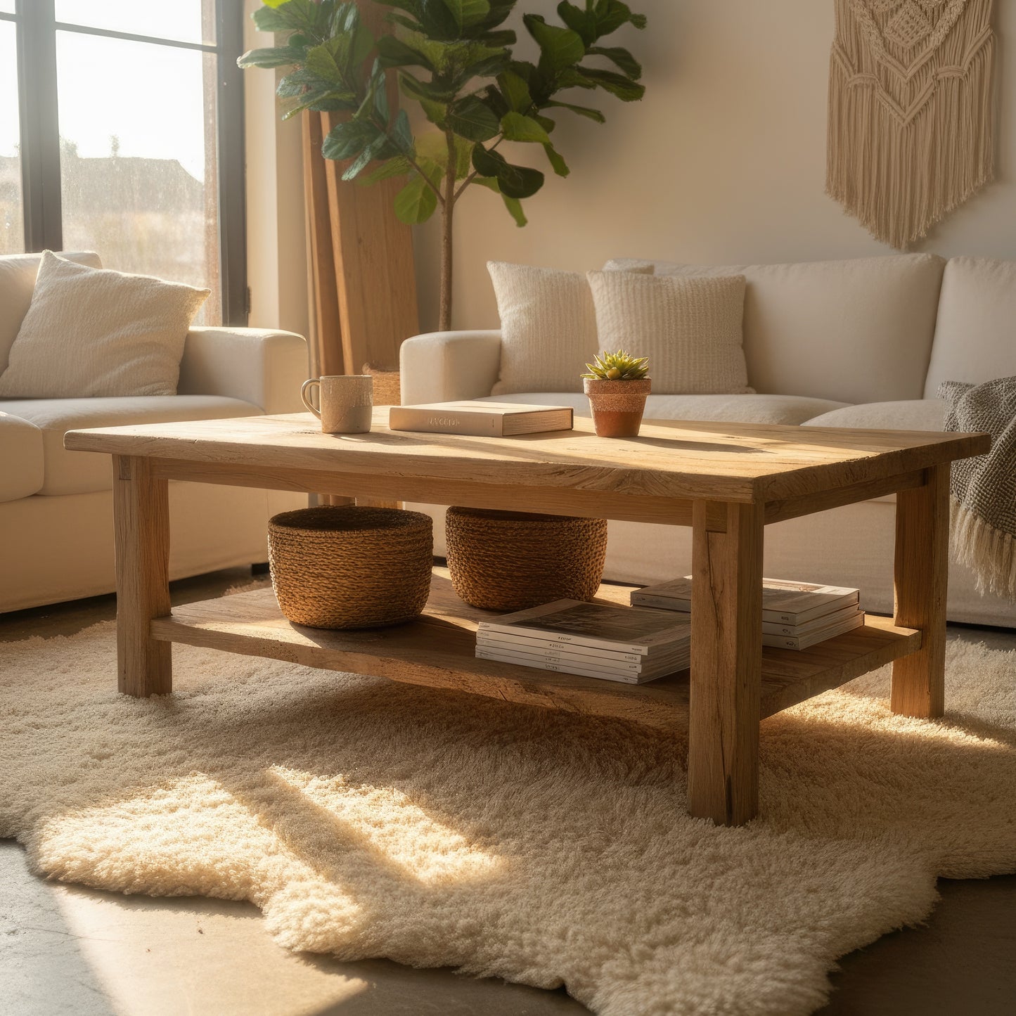 Solid Wood Coffee Table with Shelf